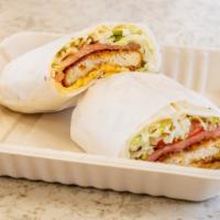 Chicken Cutlet Wrap · Chicken cutlet, American cheese, lettuce, tomato and mayonnaise.