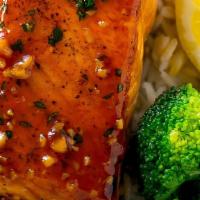 Honey Glazed Salmon With Mashed Potatoes & Steamed Broccoli · 