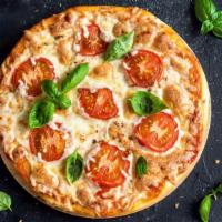Margherita Pizza · Fresh rolled pizza dough topped with marinara sauce, fresh mozzarella, extra virgin olive oi...