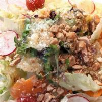 Yuzu Salad (유즈 살라드) · yuzu, honey, cabbage, spring mix, peanuts, mixed nuts, white wine, carrots, tomato