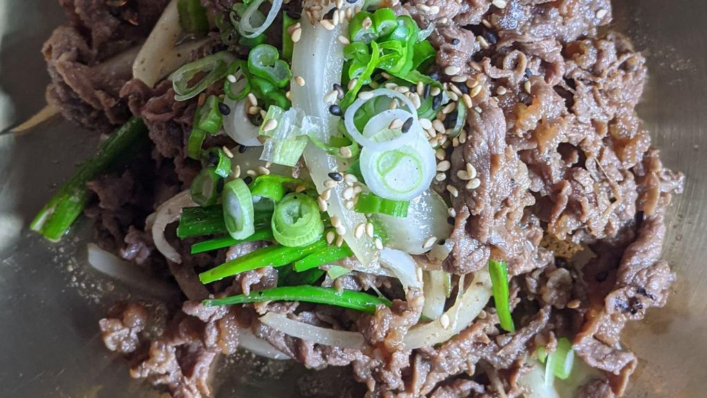Beef Bulgogi (불고기) · marinated sliced rib eye, bulgogi sauce, asparagus, oyster mushroom. served with white rice, lettuce, korean green pepper, and kim-chi.