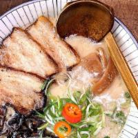 Tonkotsu Ramen (돈코츠 라면) · Pork broth, shiro miso garlic base, kikurage, braised pork belly, menma, scallion, pickled c...
