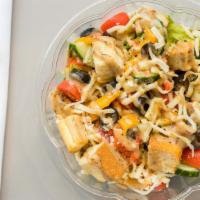 Roman · Grilled chicken, roasted peppers, olives, mozzarella, parmesan, croutons, tomato, cucumber, ...