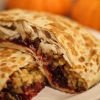 Thanksgiving Crepe · Sliced turkey, cranberry sauce, stuffing and gravy.