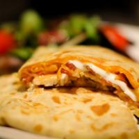 Honey Bbq Crepe · Honey BBQ chicken, ranch dressing, bacon and cheddar cheese.