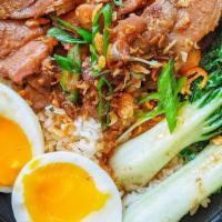 Honey Roasted Pork Over Rice (Char Siu Rice) · Sliced juicy honey roasted pork over garlic rice. Served with soft-boiled soy egg, baby bok ...