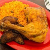 Pollo Al Horno · Baked chicken leg and thigh marinated. Comes with a selection of two sides.