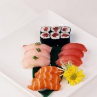Sushi Torio · 3 pieces of each tuna, salmon, yellowtail, and 6 pieces of tuna roll.
