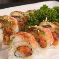 Magic Eel Roll, 8 Pieces · Spicy tuna, crunch with eel, shrimp, and avocado on top. Spicy.