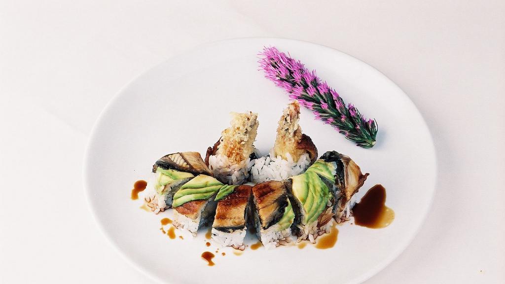 Special Dragon Roll, 8 Pieces · Shrimp tempura and cucumber with eel avocado on top. Cooked item.