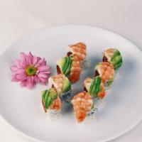 Sakura Roll, 8 Pieces · Spicy salmon, crunch with shrimp and avocado on top. Spicy.