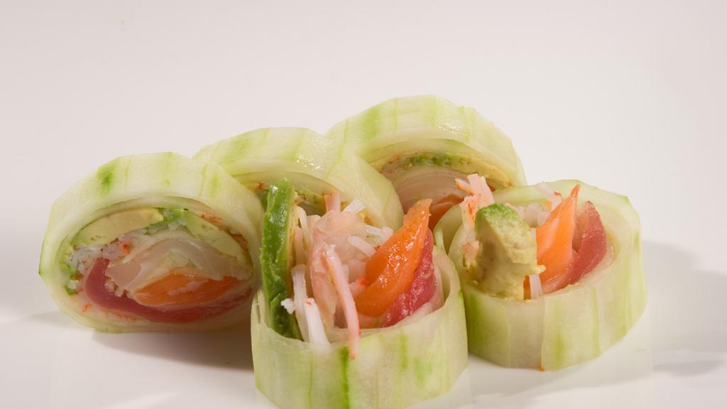 Naruto Roll, 5 Pieces · Tuna, salmon, white fish, kani, and masago wrapped with thinly sliced cucumber.