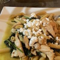 Chicken 44 · Sliced chicken, goat cheese, spinach, mushrooms in garlic and oil and penne.