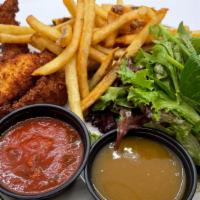 Crispy Chicken Fingers With Salad · Crispy homemade fried chicken fingers with spicy marinara sauce and honey mustard.