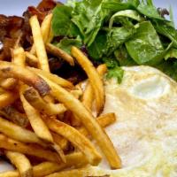 Eggs Any Style · Eggs any style with french fries, mixed green salad, and toast.