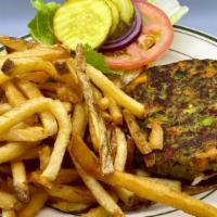 Praeger'S Veggie Burger · Vegan. Gluten - free. Dr. Praeger's gluten free veggie burger with tomato, lettuce & onion o...