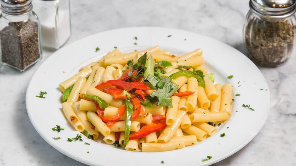 Pasta With Garlic & Olive Oil · Served with Italian bread and butter. Choice of spaghetti, linguini, ziti, or penne. Whole wheat spaghetti or penne for an additional charge.