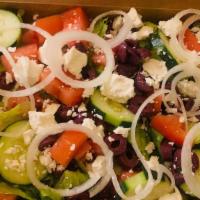 Greek Wedge · Lettuce, tomato, onion, kalamata olives, cucumbers, feta, italian dressing