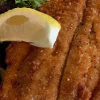 Bass Fish & Chips · Served with hand cut fries and mixed green salad.