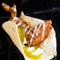 Daisy Duke · Fried chicken tender, our hot and honey sauce, pickles, housemade ranch.