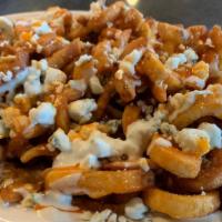 Buffalo Curly Fries · with Crumbled Bleu Cheese & Hot Sauce