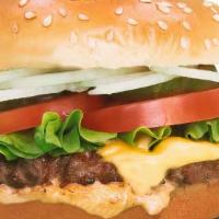 Angus Beef Burger · 1/3 lb patty, sauce leaf lettuce, roma tomato, pickles shaved onions, and American cheese.