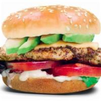 Grilled Chicken Burger · 1/4 lb chicken, chipotle aioli, mixed greens, roma tomato, avocado, and swiss cheese.