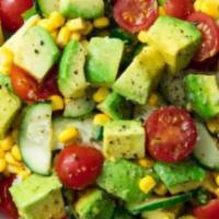 Avocado Salad · Spring greens, avocado, baby corn, beets, chickpeas, cherry tomatoes.