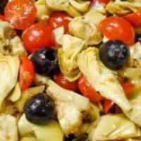 Artichoke Salad · Spring greens, artichoke, roasted peppers, cherry tomatoes, onion, shredded carrots, and cuc...