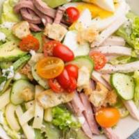 Chef Salad · Spring greens, turkey, ham, salami, provolone, tomatoes, cucumbers, onion, and giardiniera.