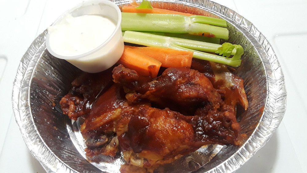 Buffalo Wings With 20 Flavors · With bleu cheese or buffalo bleu cheese, celery and carrots, and your choice of sauce.