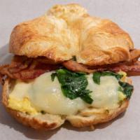 Spinach Bacon Croissant · Scrambled eggs, bacon, spinach, Swiss cheese and chipotle mayo.