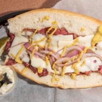 Hot Pastrami · Melted Swiss cheese, grilled onion and spicy mustard.