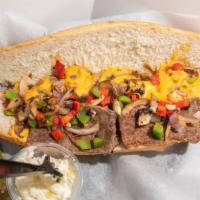 Friendly Cheesesteak · American cheese, roasted red pepper grilled onion and peppers.