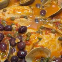 Tilapia Livornese · Clams, capers & olives in a white wine marinara.