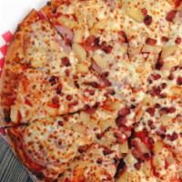 Hawaiian Pizza · Large oven-baked combines pizza sauce, cheese, cooked ham, and pineapple.