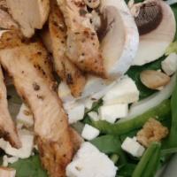Spinach Salad · With char-broiled, or blackened chicken, roasted red peppers, cheese, croutons, bacon and ho...