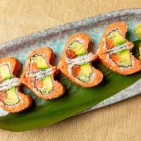 Sweet Heart Roll · Fresh, spicy tuna on top, mixed with spicy mayonnaise outside. Salmon, cucumber, avocado and...
