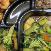 Mixed Vegetable Cuisine · Sauteed mixed vegetables with brown sauce. Served with your choice of meat, with miso soup o...