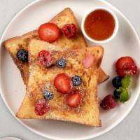 Strawberry French Toasts Platter · 2 fluffy strawberry french toasts with choice of meat, eggs and cheese!
