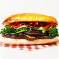 The Veggie Sub · Delicious eggplant, broccoli rabe, red peppers. and provolone cheese on a hoagie roll.
