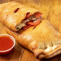 Wakefield Stromboli (Xl) · Stromboli with pepperoni, sausage, peppers, olives, onions, melted mozzarella, and a side of...