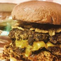 Big Awesome Burger · Two SMASH burger patties topped with American cheese, pulled pork, fried onions and Big Awes...