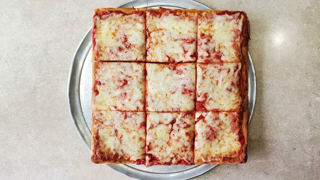Sicilian Pizza · Thick crust, square, deep-dish pizza with tomato sauce and mozzarella