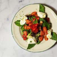 Burrata Salad · Baby spinach, mixed greens, croutons, strawberries, burrata cheese, cherry tomatoes, basil, ...