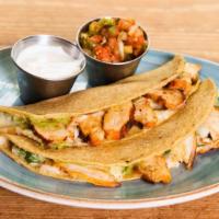 Chicken Quesadilla · Achiote marinated chicken, chihuahua cheese, tomatillo salsa & pickled jalapeño in a corn to...