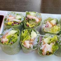 Fresh Summer Roll · Six pieces. Fresh mixed salad, shrimp, thin rice noodles, carrot, cucumber, wrapped in clear...