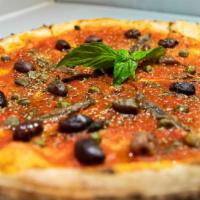 Siciliana · Tomato Sauce, Anchovies, Rosemary, Capers, Black Olives, and Garlic.