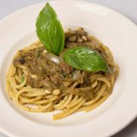 Bucatini Con Le Sarde · Bucatini Spaghetti, Fresh Sardines, Pine Nuts, and Fennel.