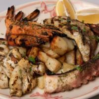 Grigliata Di Pesce · Grilled Fish Platter, Jumbo Shrimps, Calamari, Octopus, Branzino, and Roasted Potatoes.
